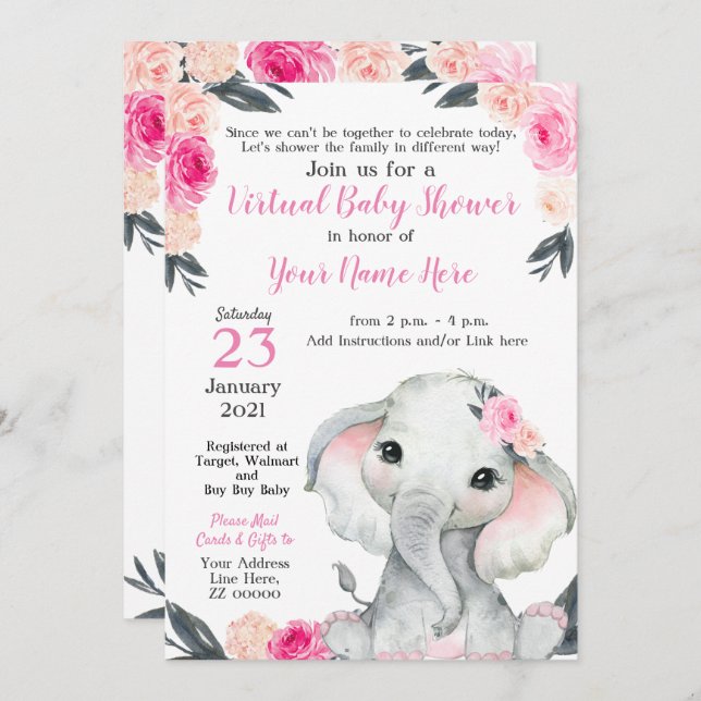 Tarjeta Chica virtual Baby Shower Elephant Rosa Ro (Anverso / Reverso)