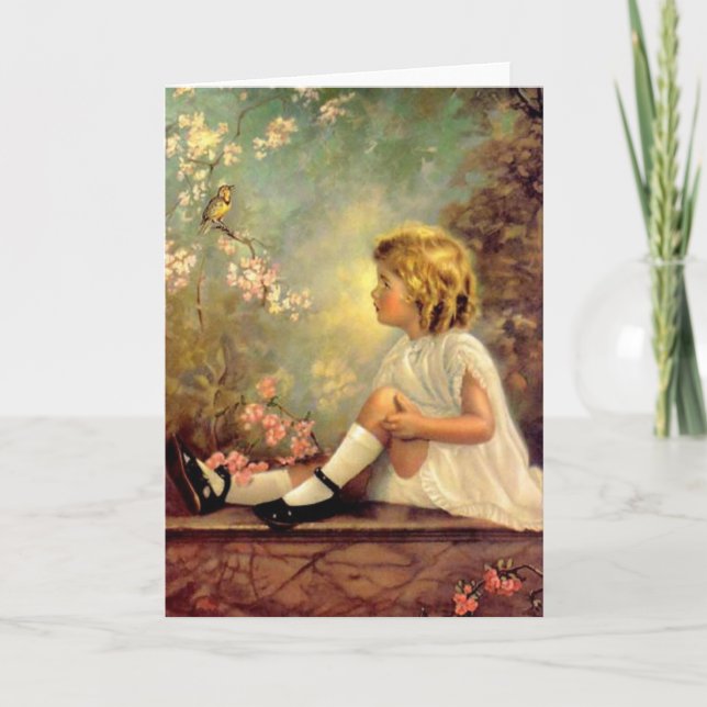 Tarjeta Chica y pájaro vintage (Anverso)