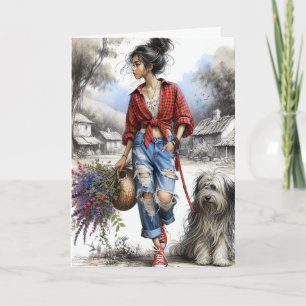 Tarjeta Chica y perro con cesta de flores