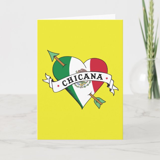 Tarjeta Chicana Tattoo Heart con bandera mexicana (Anverso)