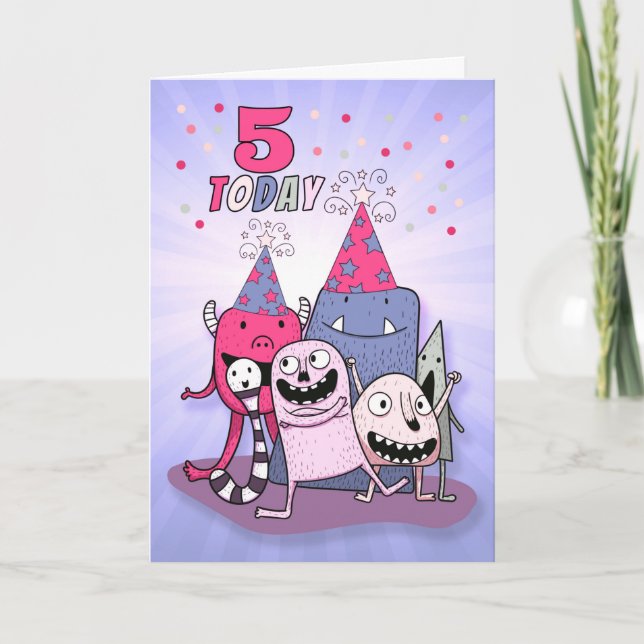 Tarjeta Chicas 5 Aniversario de Monstruo Rosa y Morado (Anverso)