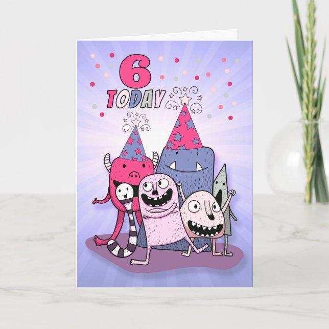 Tarjeta Chicas 6 Monstruos Personalizados morados rosados (Anverso)