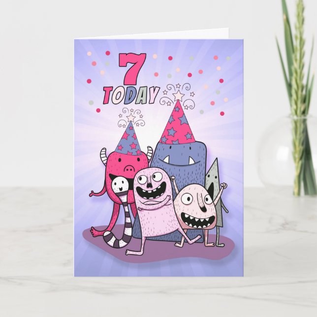 Tarjeta Chicas 7 Monstruos Personalizados morados y rosado (Anverso)
