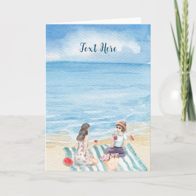 Tarjeta Chicas acuarela vibrando en la playa  (Anverso)