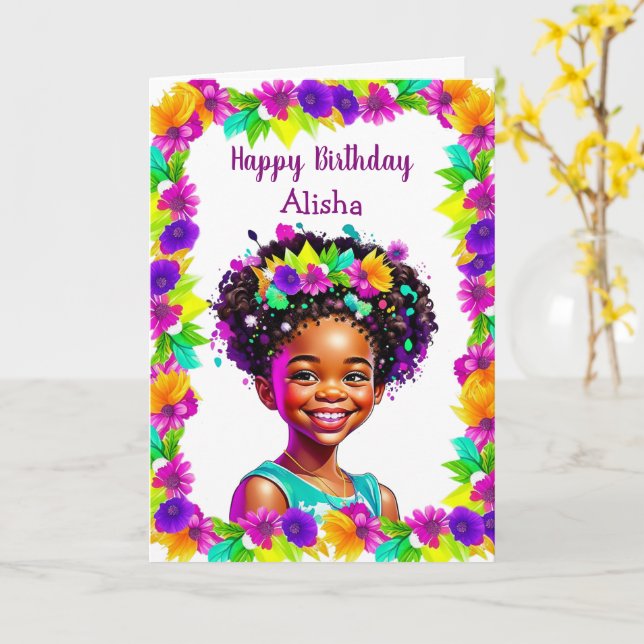 Tarjeta Chicas afroamericanos Cumpleaños personalizado (flor amarilla)