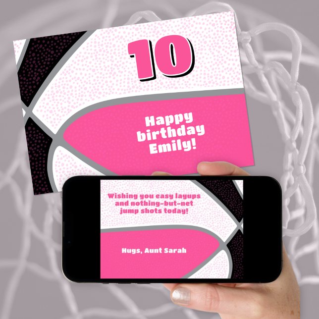Tarjeta chicas baloncesto feliz cumpleaños negro rosa (front view of greeting card as printed and back view of card as downloaded on phone)