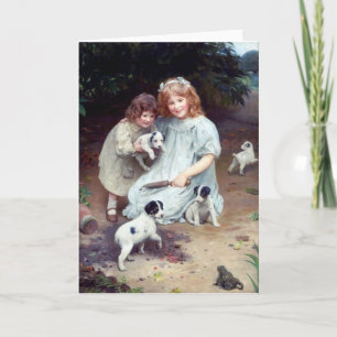 Tarjeta chicas cachorros perros de juguete niñas hermanas