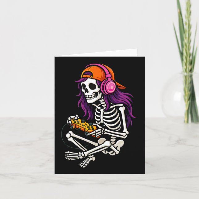 Tarjeta Chicas de Halloween - Gamer Skeleton - Video de mu (Anverso)
