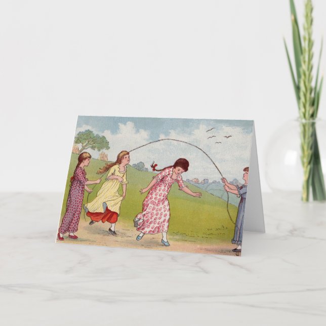 Tarjeta chicas del siglo XIX jugando a la cuerda de salto (Anverso)