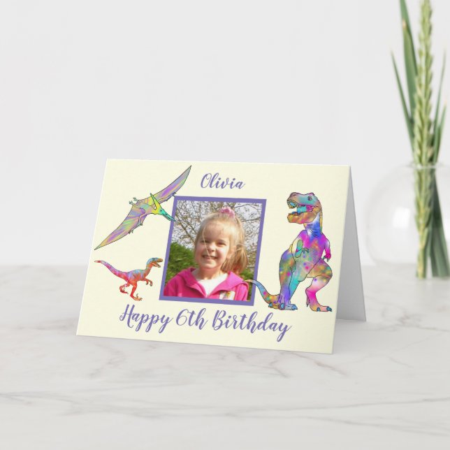 Tarjeta Chicas Dinosaurio Cumpleaños 6 Personaliza con Nom (Anverso)