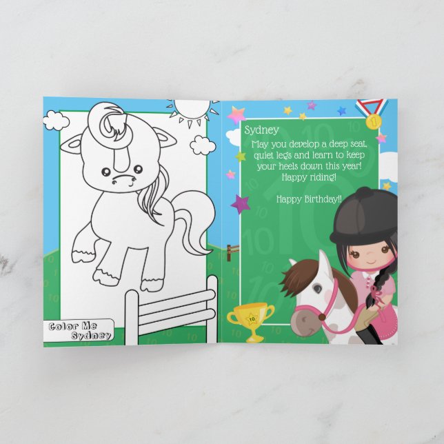 Tarjeta Chicas divertidos página de color ecuestre Cumplea (Interior)