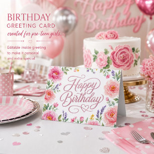 Tarjeta Chicas Feliz Cumpleaños Floral Plateado Rosa