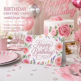 Tarjeta Chicas Feliz Cumpleaños Floral Plateado Rosa