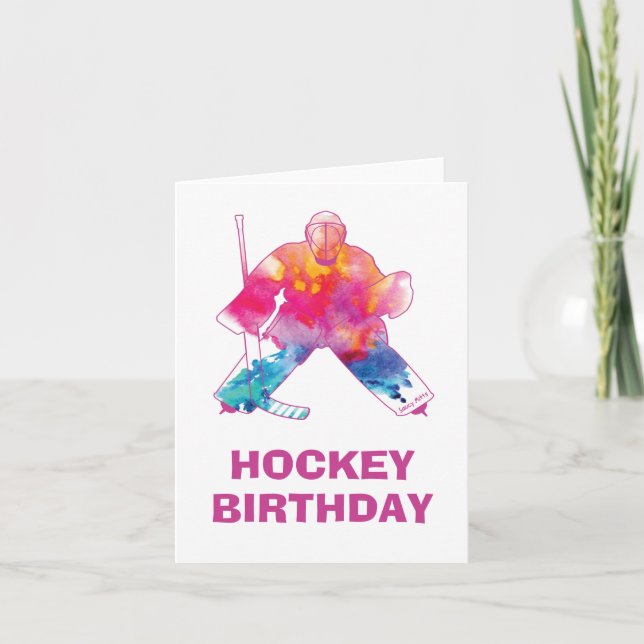 Tarjeta Chicas Feliz cumpleaños Hockey Goalie acuarela col (Anverso)