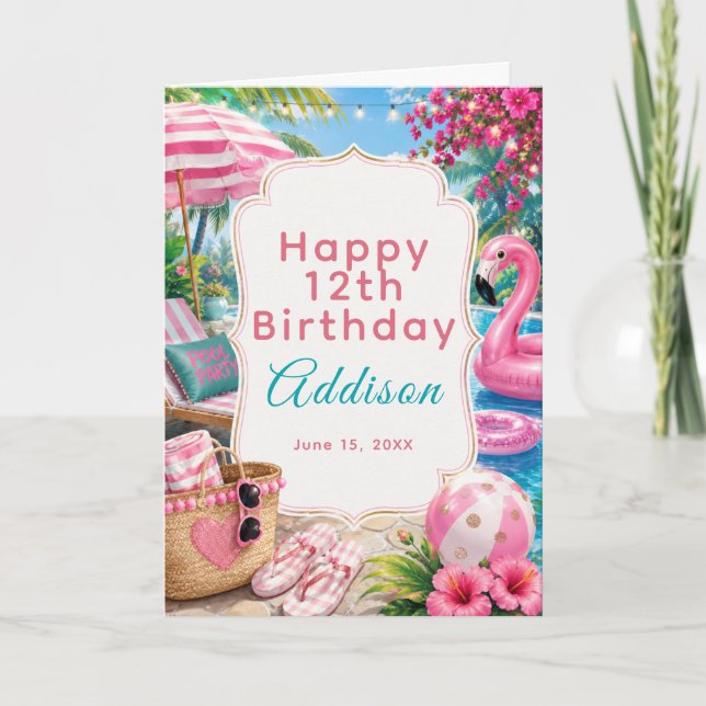 Tarjeta Chicas Fiesta de Cumpleaños en Piscina Rosa (Anverso)