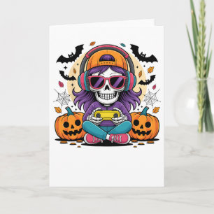 Tarjeta Chicas Halloween Esqueleto Jugadora Video Juegos C