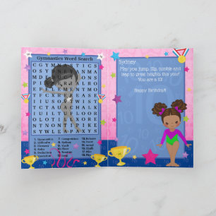 Tarjeta Chicas marrones Gymnastics Word Search Happy Birda