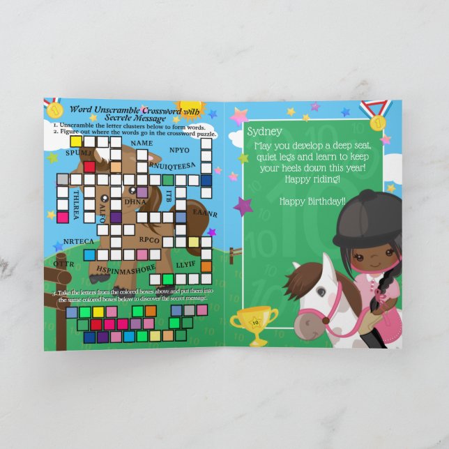 Tarjeta Chicas marrones Mensaje secreto ecuestre Cumpleaño (Interior)
