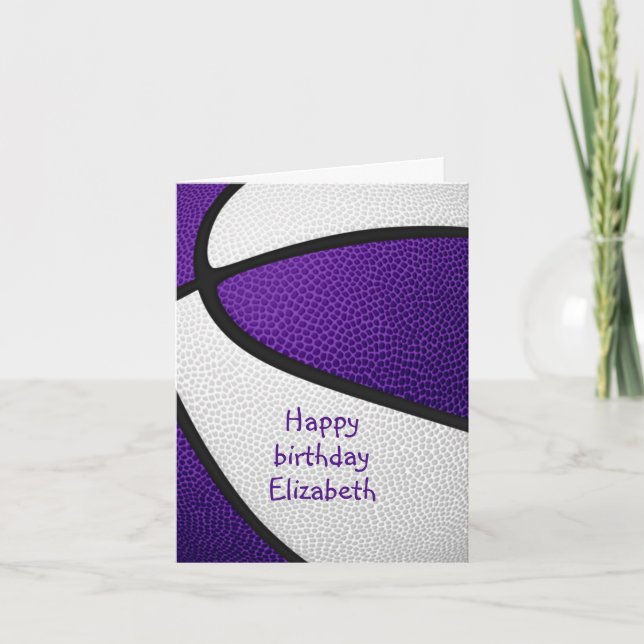 Tarjeta chicas morado blanco baloncesto feliz cumpleaños (Anverso)