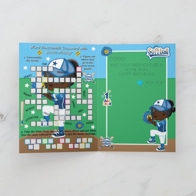 Tarjeta Chicas negros mensaje secreto de softball Feliz cu (Interior)