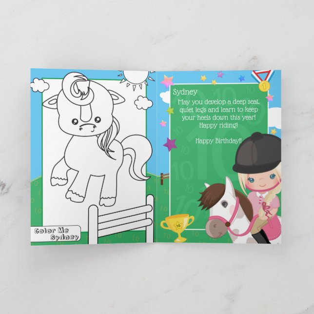 Tarjeta Chicas rubios página de color ecuestre Cumpleaños (Interior)