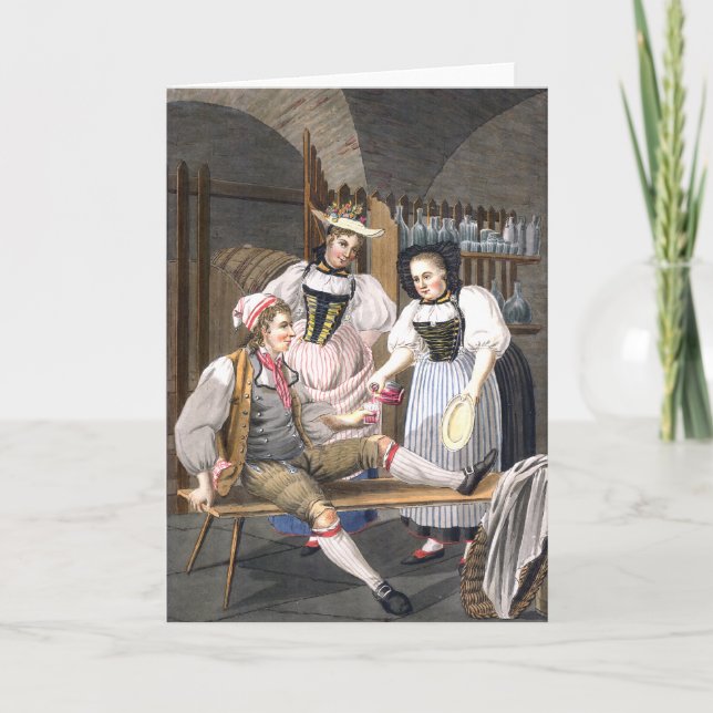 Tarjeta Chicas suizos sirviendo vino a un hombre guapo (Anverso)