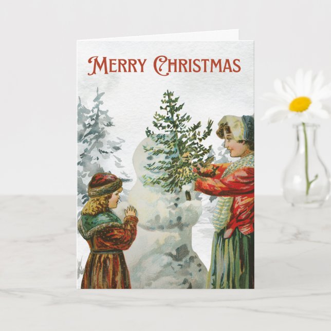 Tarjeta Chicas victorianos construyen un muñeco de nieve (Planta pequeña)