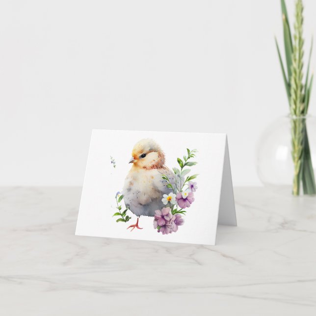 Tarjeta Chick acuarela con flores moradas en BLANCO (Anverso)