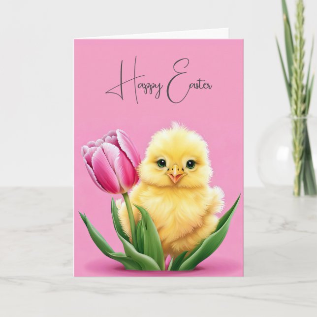Tarjeta Chick De Pascua En Tulipán Rosa (Anverso)