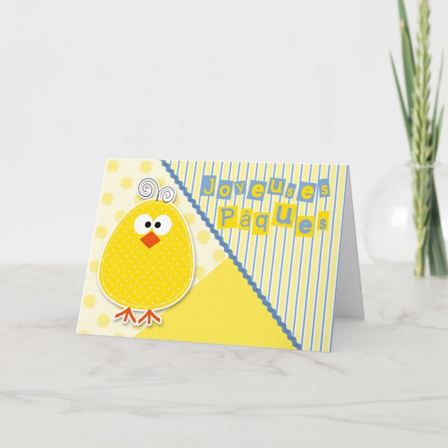 Tarjeta Chick francés de Pascua en azul y amarillo para ni (Anverso)