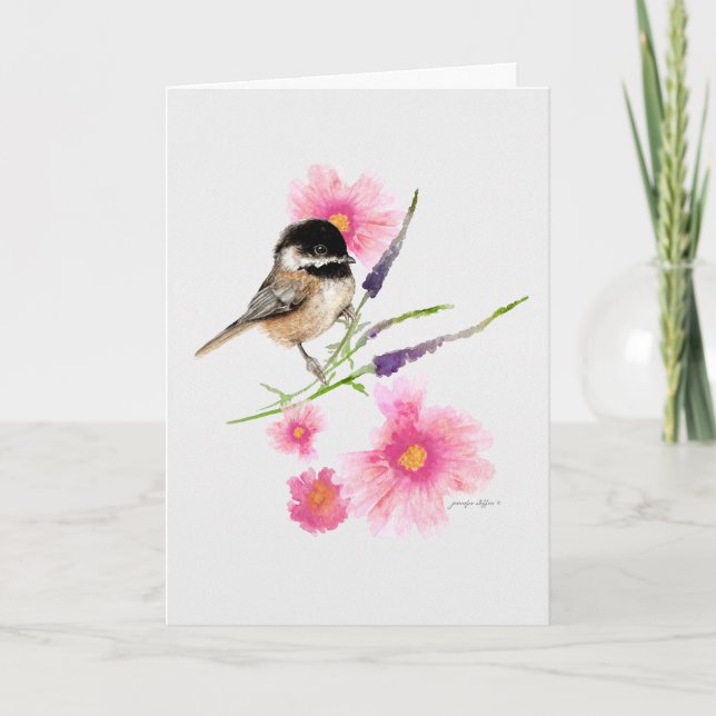 Tarjeta Chickadee arte acuarela con cubierta negra (Anverso)