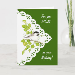 Tarjeta Chickadee, pájaro y cordón de la mamá del feliz