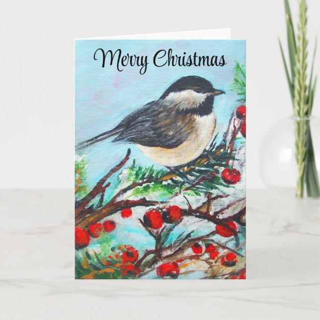 Tarjeta Chickadee Winter Feliz Navidad (Anverso)