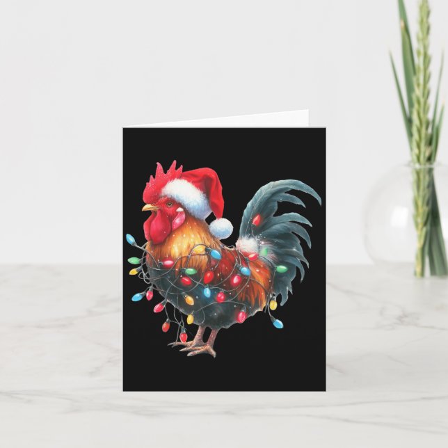 Tarjeta Chicken Christmas Lights Funny Santa Hat Merry Xma (Anverso)