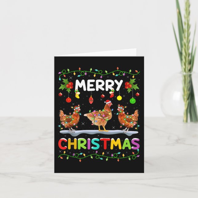 Tarjeta Chicken Merry Christmas Lights Santa Hat Funny Chi (Anverso)