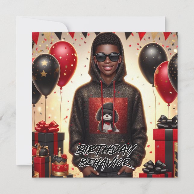 Tarjeta Chico Afroamericano con Estilo Cumpleaños Negro/Ro (Anverso)