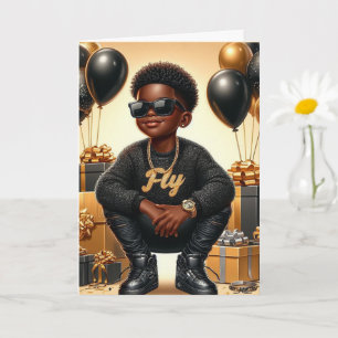 Tarjeta Chico afroamericano elegante cumpleaños negro/oro