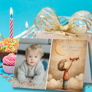 Tarjeta Chico Cumpleañero Piloto Avión de Juguete Luna Fot