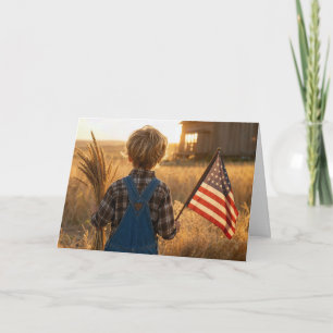 Tarjeta Chico del 4 de Julio con bandera americana y trigo