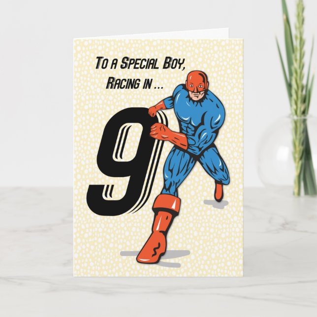 Tarjeta Chico Especial Cumpleaños 9 Superhéroe (Anverso)