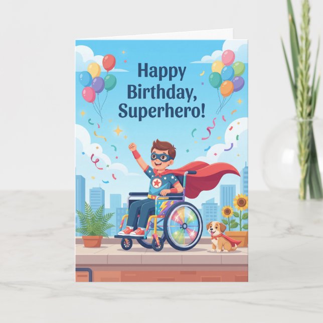 Tarjeta Chico Superhéroe en Silla de Ruedas Cumpleaños (Anverso)