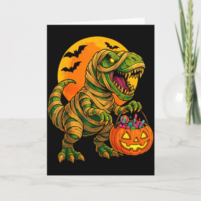 Tarjeta Chicos de Halloween Dinosaurio Momia T Rex Y Calab (Anverso)