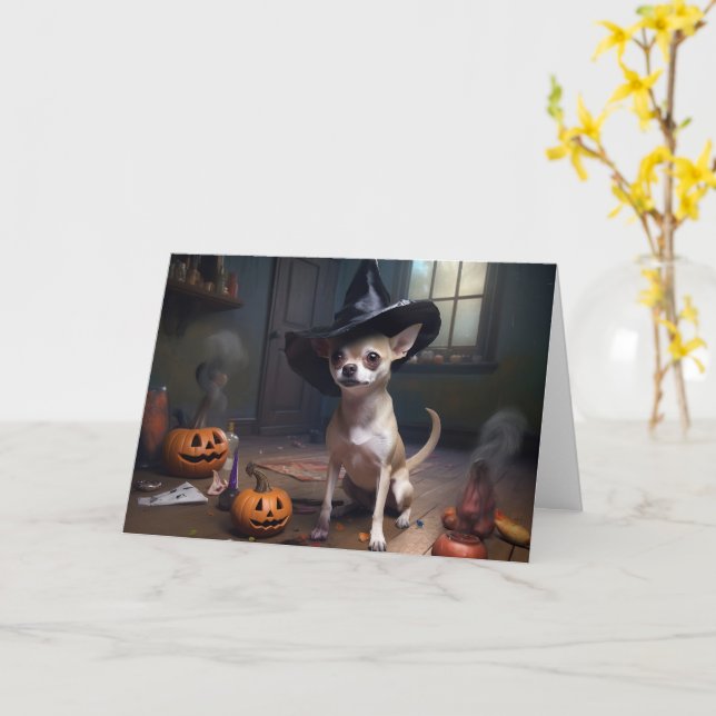 Tarjeta Chihuahua Calabazas de Halloween (flor amarilla)