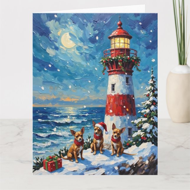 Tarjeta Chihuahua Christmas Lighthouse Holiday (Anverso)