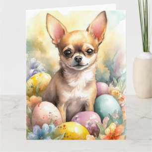 Tarjeta Chihuahua con festividad de huevos de Pascua