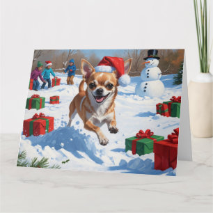 Tarjeta Chihuahua corre en Nieve con Gorra Navidad