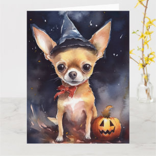 Tarjeta Chihuahua de Halloween con calabazas temerosas