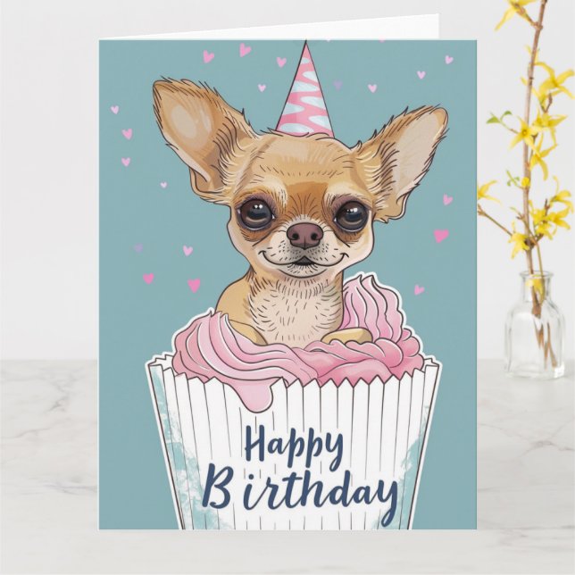 Tarjeta Chihuahua Dibujo Anime Cupcake Patas (flor amarilla)