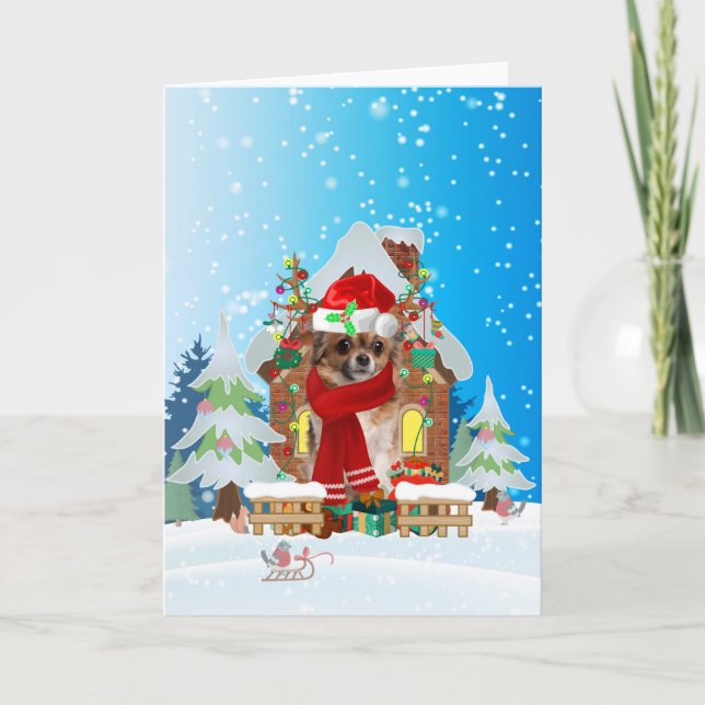 Tarjeta Chihuahua en la nieve con regalos de Navidades (Anverso)