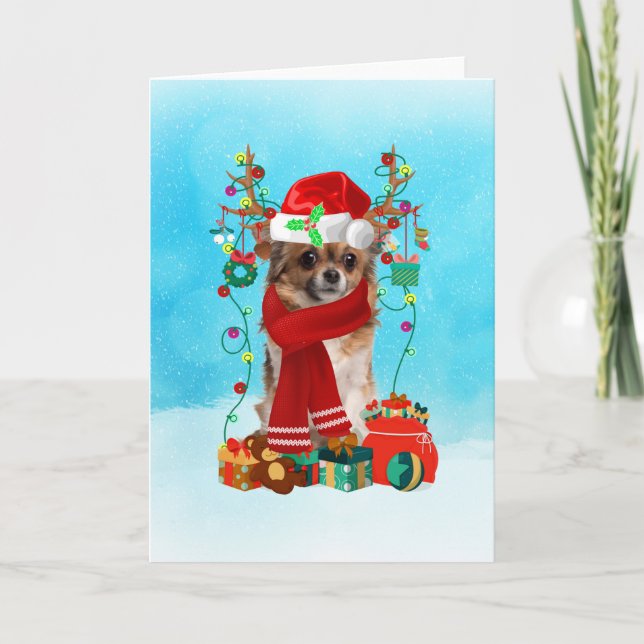 Tarjeta Chihuahua en la nieve con regalos de Navidades (Anverso)